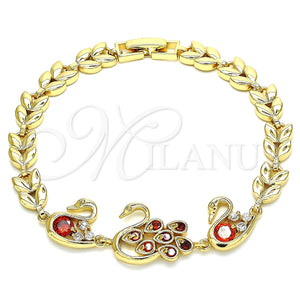 Pulsera Elegante 03.210.0131.08 Oro Laminado, Diseño de Pavo Real y Cisne, con Granate and Blanca Zirconia Cubica, Pulido, Tono Dorado (07 MM Thickness, 8 Inches Length)