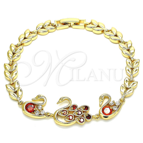 Pulsera Elegante 03.210.0131.08 Oro Laminado, Diseño de Pavo Real y Cisne, con Granate and Blanca Zirconia Cubica, Pulido, Tono Dorado (07 MM Thickness, 8 Inches Length)