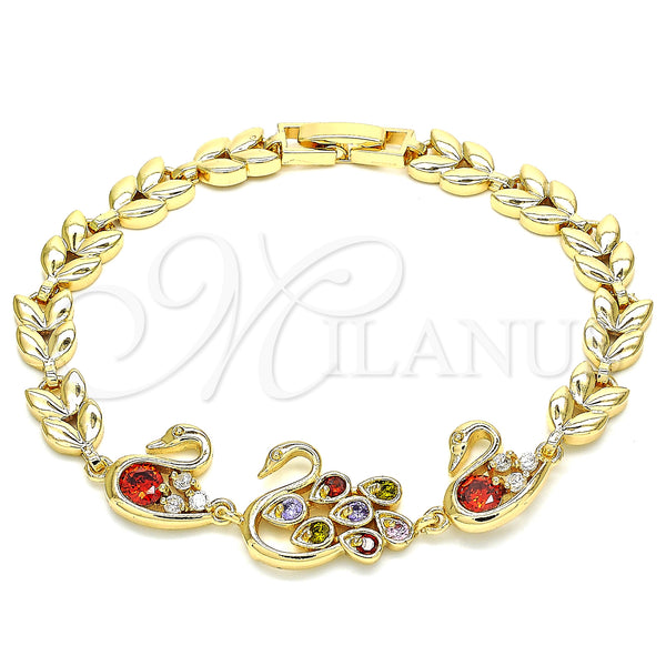 Pulsera Elegante 03.210.0131.2.08 Oro Laminado, Diseño de Pavo Real y Cisne, con Multicolor Zirconia Cubica, Pulido, Tono Dorado (07 MM Thickness, 8 Inches Length)