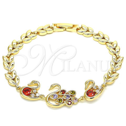 Pulsera Elegante 03.210.0131.2.08 Oro Laminado, Diseño de Pavo Real y Cisne, con Multicolor Zirconia Cubica, Pulido, Tono Dorado (07 MM Thickness, 8 Inches Length)