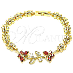 Pulsera Elegante 03.210.0134.07 Oro Laminado, Diseño de Mariposa y Oja, con Granate and Blanca Zirconia Cubica, Pulido, Tono Dorado (08 MM Thickness, 7 Inches Length)
