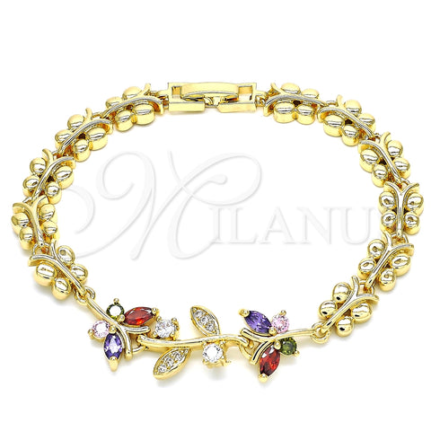 Pulsera Elegante 03.210.0134.2.07 Oro Laminado, Diseño de Mariposa y Oja, con Multicolor Zirconia Cubica, Pulido, Tono Dorado (7 Inches Length)