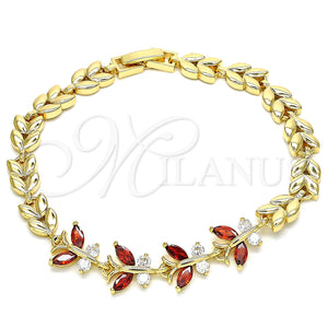 Pulsera Elegante 03.210.0135.08 Oro Laminado, Diseño de Mariposa y Oja, con Granate and Blanca Zirconia Cubica, Pulido, Tono Dorado (07 MM Thickness, 8 Inches Length)