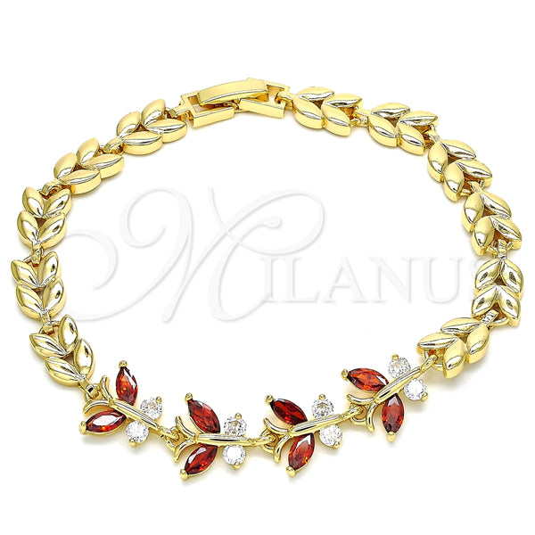 Pulsera Elegante 03.210.0135.08 Oro Laminado, Diseño de Mariposa y Oja, con Granate and Blanca Zirconia Cubica, Pulido, Tono Dorado (07 MM Thickness, 8 Inches Length)