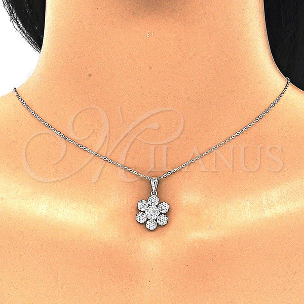 Juego de Arete y Dije de Adulto 10.286.0031 Plata Rodinada, Diseño de Flor, con Zirconia Cubica Blanca, Pulido, Rodinado