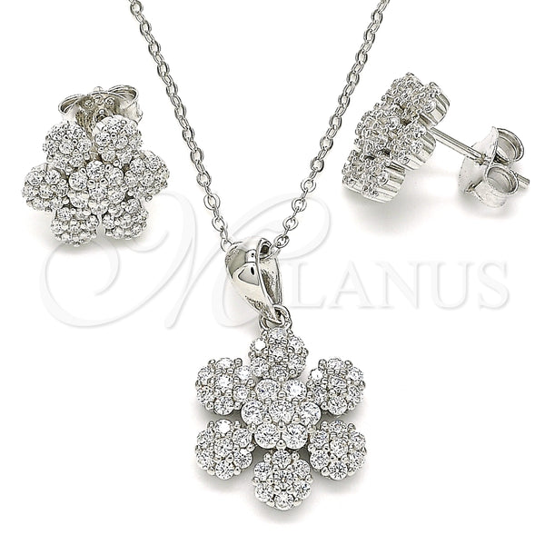 Juego de Arete y Dije de Adulto 10.286.0031 Plata Rodinada, Diseño de Flor, con Zirconia Cubica Blanca, Pulido, Rodinado