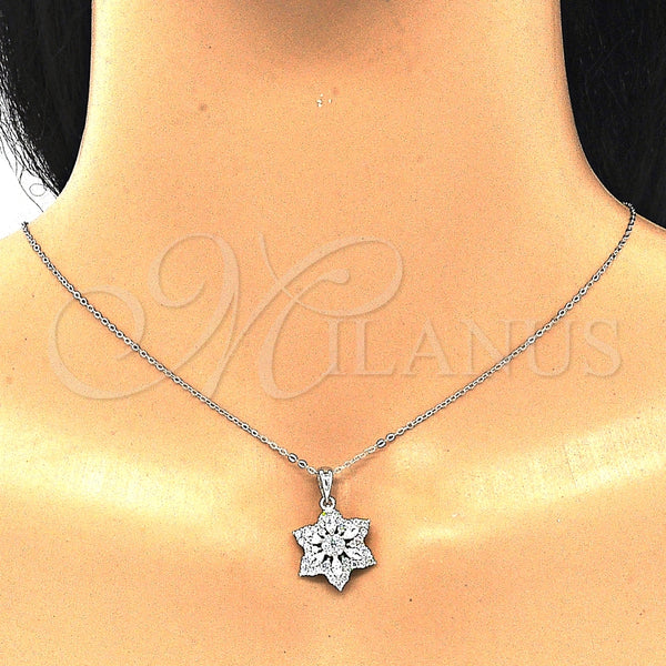 Juego de Arete y Dije de Adulto 10.286.0033 Plata Rodinada, Diseño de Flor, con Zirconia Cubica Blanca y Micro Pave Blanca, Pulido, Rodinado