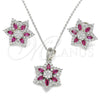 Juego de Arete y Dije de Adulto 10.286.0033.1 Plata Rodinada, Diseño de Flor, con Zirconia Cubica Rubi y Blanca, Pulido, Rodinado