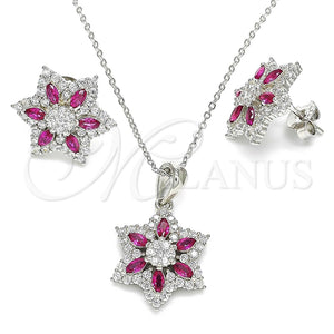 Juego de Arete y Dije de Adulto 10.286.0033.1 Plata Rodinada, Diseño de Flor, con Zirconia Cubica Rubi y Blanca, Pulido, Rodinado
