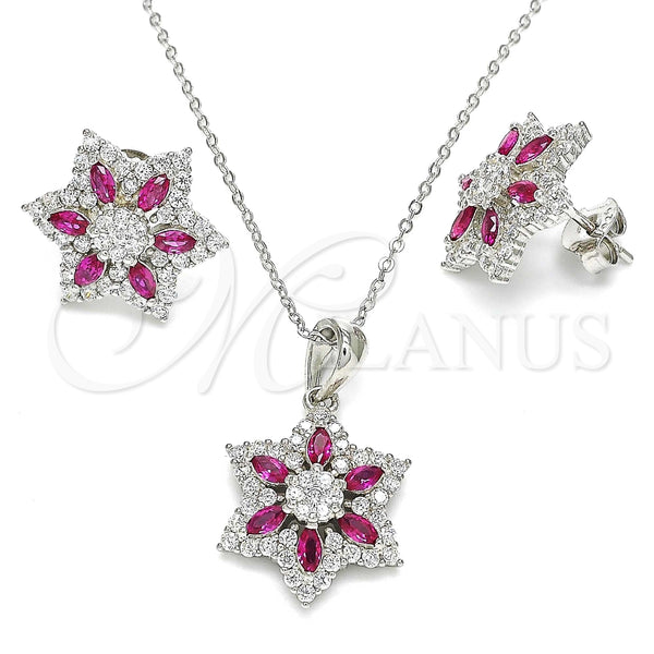 Juego de Arete y Dije de Adulto 10.286.0033.1 Plata Rodinada, Diseño de Flor, con Zirconia Cubica Rubi y Blanca, Pulido, Rodinado
