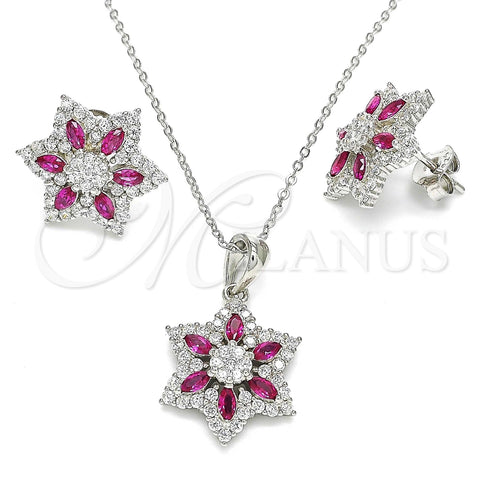 Juego de Arete y Dije de Adulto 10.286.0033.1 Plata Rodinada, Diseño de Flor, con Zirconia Cubica Rubi y Blanca, Pulido, Rodinado