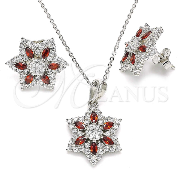 Juego de Arete y Dije de Adulto 10.286.0033.2 Plata Rodinada, Diseño de Flor, con Zirconia Cubica Granate y Blanca, Pulido, Rodinado