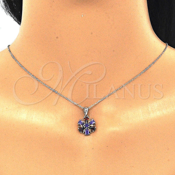 Juego de Arete y Dije de Adulto 10.286.0035 Plata Rodinada, Diseño de Flor, con Zirconia Cubica Multicolor, Pulido, Rodinado
