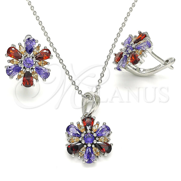 Juego de Arete y Dije de Adulto 10.286.0035 Plata Rodinada, Diseño de Flor, con Zirconia Cubica Multicolor, Pulido, Rodinado