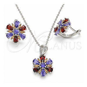 Juego de Arete y Dije de Adulto 10.286.0035 Plata Rodinada, Diseño de Flor, con Zirconia Cubica Multicolor, Pulido, Rodinado