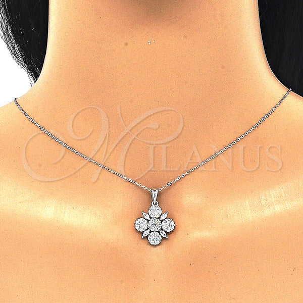 Juego de Arete y Dije de Adulto 10.286.0042 Plata Rodinada, Diseño de Flor, con Zirconia Cubica Blanca, Pulido, Rodinado