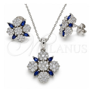 Juego de Arete y Dije de Adulto 10.286.0042.1 Plata Rodinada, Diseño de Flor, con Zirconia Cubica Zafiro Azul y Blanca, Pulido, Rodinado