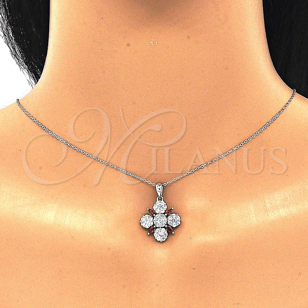 Juego de Arete y Dije de Adulto 10.286.0042.3 Plata Rodinada, Diseño de Flor, con Zirconia Cubica Granate y Blanca, Pulido, Rodinado