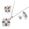 Juego de Arete y Dije de Adulto 10.286.0042.3 Plata Rodinada, Diseño de Flor, con Zirconia Cubica Granate y Blanca, Pulido, Rodinado