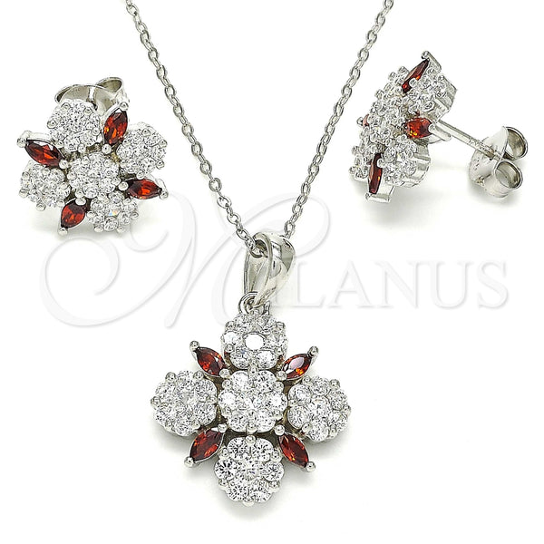Juego de Arete y Dije de Adulto 10.286.0042.3 Plata Rodinada, Diseño de Flor, con Zirconia Cubica Granate y Blanca, Pulido, Rodinado