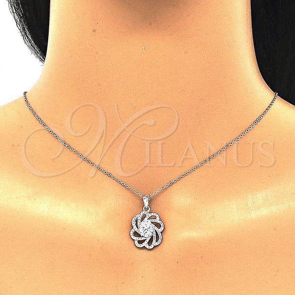 Juego de Arete y Dije de Adulto 10.286.0043 Plata Rodinada, Diseño de Flor, con Zirconia Cubica Blanca y Cristal Blanca, Pulido, Rodinado