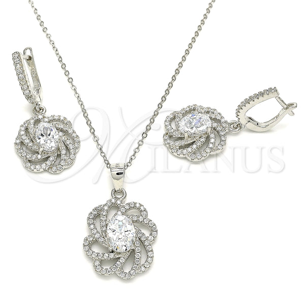 Juego de Arete y Dije de Adulto 10.286.0043 Plata Rodinada, Diseño de Flor, con Zirconia Cubica Blanca y Cristal Blanca, Pulido, Rodinado
