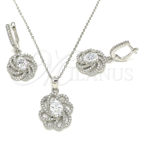 Juego de Arete y Dije de Adulto 10.286.0043 Plata Rodinada, Diseño de Flor, con Zirconia Cubica Blanca y Cristal Blanca, Pulido, Rodinado