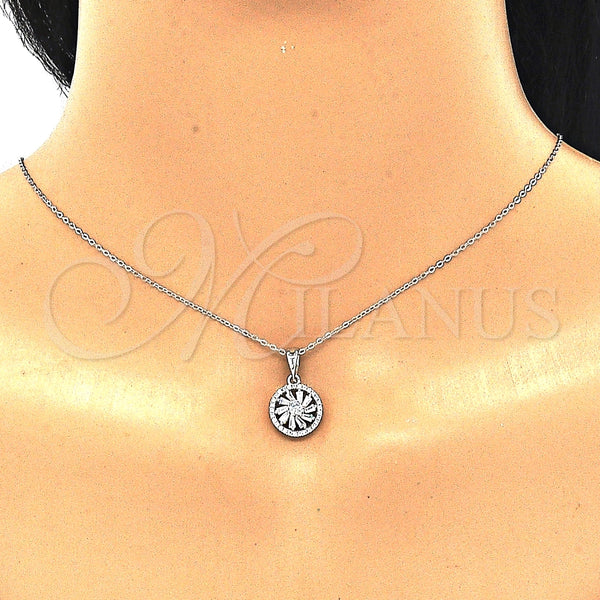 Juego de Arete y Dije de Adulto 10.286.0044 Plata Rodinada, Diseño de Flor, con Zirconia Cubica Blanca y Cristal Blanca, Pulido, Rodinado