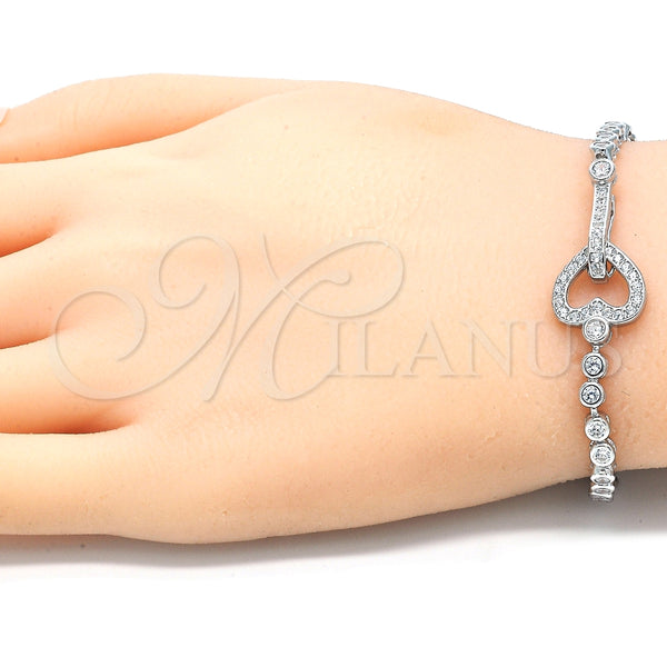 Pulsera Elegante 03.286.0003.08 Plata Rodinada, Diseño de Corazón, con Zirconia Cubica Blanca, Pulido, Rodinado (Grosor 04 MM, 8 Pulgadas de Largo)