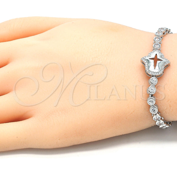Pulsera Elegante 03.286.0005.10 Plata Rodinada, Diseño de Mano de Dios y Cruz, con Zirconia Cubica Blanca, Pulido, Rodinado (Grosor 02 MM, 10 Pulgadas de Largo)