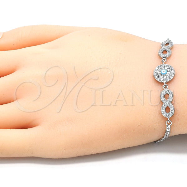 Pulsera Elegante 03.286.0008.07 Plata Rodinada, Diseño de Infinito y Ojo Griego, con Zirconia Cubica Blanca, Esmaltado Turquesa, Rodinado (Grosor 02 MM, 7 Pulgadas de Largo)