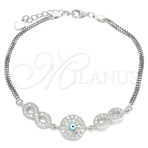 Pulsera Elegante 03.286.0008.07 Plata Rodinada, Diseño de Infinito y Ojo Griego, con Zirconia Cubica Blanca, Esmaltado Turquesa, Rodinado (Grosor 02 MM, 7 Pulgadas de Largo)