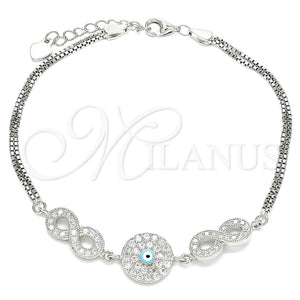 Pulsera Elegante 03.286.0008.07 Plata Rodinada, Diseño de Infinito y Ojo Griego, con Zirconia Cubica Blanca, Esmaltado Turquesa, Rodinado (Grosor 02 MM, 7 Pulgadas de Largo)