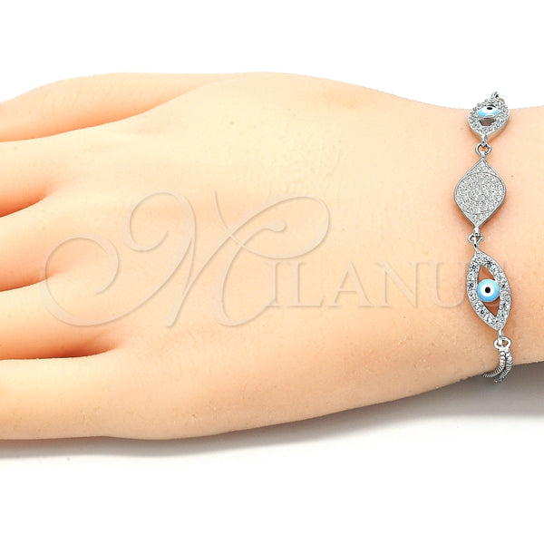 Pulsera Elegante 03.286.0009.07 Plata Rodinada, Diseño de Ojo Griego, con Micro Pave Blanca y Zirconia Cubica Blanca, Esmaltado Turquesa, Rodinado (Grosor 02 MM, 7 Pulgadas de Largo)