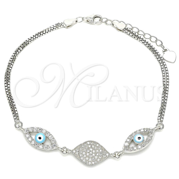 Pulsera Elegante 03.286.0009.07 Plata Rodinada, Diseño de Ojo Griego, con Micro Pave Blanca y Zirconia Cubica Blanca, Esmaltado Turquesa, Rodinado (Grosor 02 MM, 7 Pulgadas de Largo)