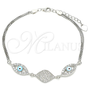 Pulsera Elegante 03.286.0009.07 Plata Rodinada, Diseño de Ojo Griego, con Micro Pave Blanca y Zirconia Cubica Blanca, Esmaltado Turquesa, Rodinado (Grosor 02 MM, 7 Pulgadas de Largo)
