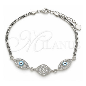 Pulsera Elegante 03.286.0009.07 Plata Rodinada, Diseño de Ojo Griego, con Micro Pave Blanca y Zirconia Cubica Blanca, Esmaltado Turquesa, Rodinado (Grosor 02 MM, 7 Pulgadas de Largo)