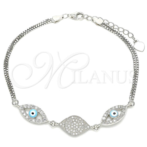 Pulsera Elegante 03.286.0009.07 Plata Rodinada, Diseño de Ojo Griego, con Micro Pave Blanca y Zirconia Cubica Blanca, Esmaltado Turquesa, Rodinado (Grosor 02 MM, 7 Pulgadas de Largo)