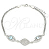 Pulsera Elegante 03.286.0009.07 Plata Rodinada, Diseño de Ojo Griego, con Micro Pave Blanca y Zirconia Cubica Blanca, Esmaltado Turquesa, Rodinado (Grosor 02 MM, 7 Pulgadas de Largo)