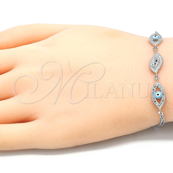 Pulsera Elegante 03.286.0010.07 Plata Rodinada, Diseño de Ojo Griego, con Micro Pave Blanca y Zirconia Cubica Blanca, Esmaltado Turquesa, Rodinado (Grosor 02 MM, 7 Pulgadas de Largo)