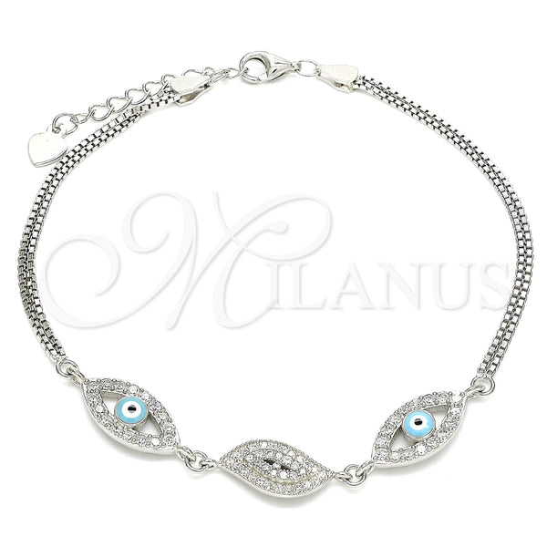 Pulsera Elegante 03.286.0010.07 Plata Rodinada, Diseño de Ojo Griego, con Micro Pave Blanca y Zirconia Cubica Blanca, Esmaltado Turquesa, Rodinado (Grosor 02 MM, 7 Pulgadas de Largo)