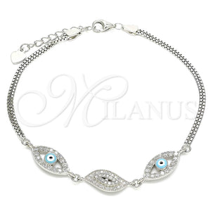Pulsera Elegante 03.286.0010.07 Plata Rodinada, Diseño de Ojo Griego, con Micro Pave Blanca y Zirconia Cubica Blanca, Esmaltado Turquesa, Rodinado (Grosor 02 MM, 7 Pulgadas de Largo)