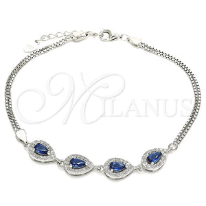 Pulsera Elegante 03.286.0015.1.07 Plata Rodinada, Diseño de Gota, con Zirconia Cubica Zafiro Azul y Blanca, Pulido, Rodinado (Grosor 02 MM, 7 Pulgadas de Largo)