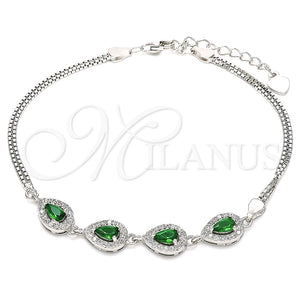 Pulsera Elegante 03.286.0015.3.07 Plata Rodinada, Diseño de Gota, con Zirconia Cubica Verde y Blanca, Pulido, Rodinado (Grosor 02 MM, 7 Pulgadas de Largo)