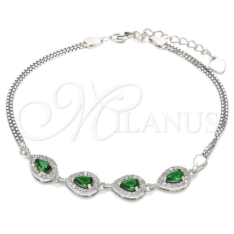 Pulsera Elegante 03.286.0015.3.07 Plata Rodinada, Diseño de Gota, con Zirconia Cubica Verde y Blanca, Pulido, Rodinado (Grosor 02 MM, 7 Pulgadas de Largo)