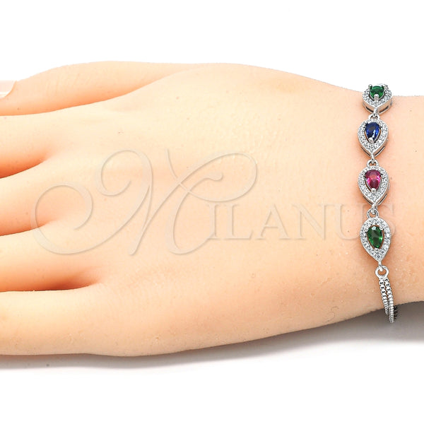 Pulsera Elegante 03.286.0015.4.07 Plata Rodinada, Diseño de Gota, con Zirconia Cubica Multicolor, Pulido, Rodinado (Grosor 02 MM, 7 Pulgadas de Largo)