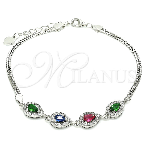 Pulsera Elegante 03.286.0015.4.07 Plata Rodinada, Diseño de Gota, con Zirconia Cubica Multicolor, Pulido, Rodinado (Grosor 02 MM, 7 Pulgadas de Largo)