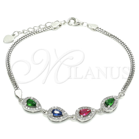 Pulsera Elegante 03.286.0015.4.07 Plata Rodinada, Diseño de Gota, con Zirconia Cubica Multicolor, Pulido, Rodinado (Grosor 02 MM, 7 Pulgadas de Largo)