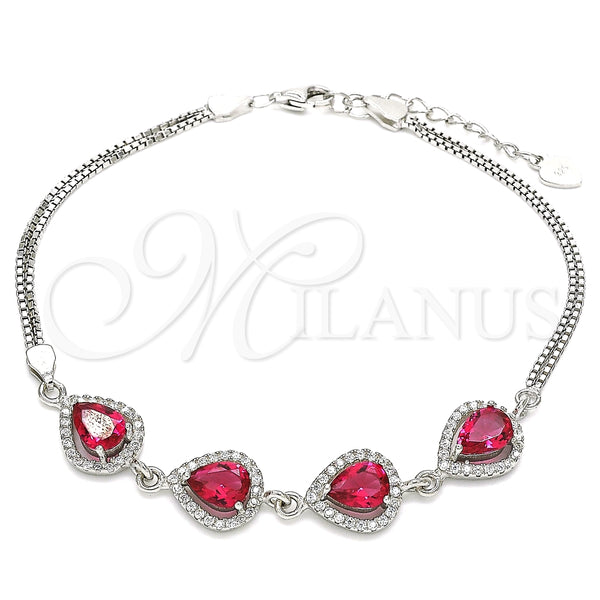 Pulsera Elegante 03.286.0018.3.07 Plata Rodinada, Diseño de Gota, con Zirconia Cubica Rubi y Cristal Blanca, Pulido, Rodinado (Grosor 02 MM, 7 Pulgadas de Largo)