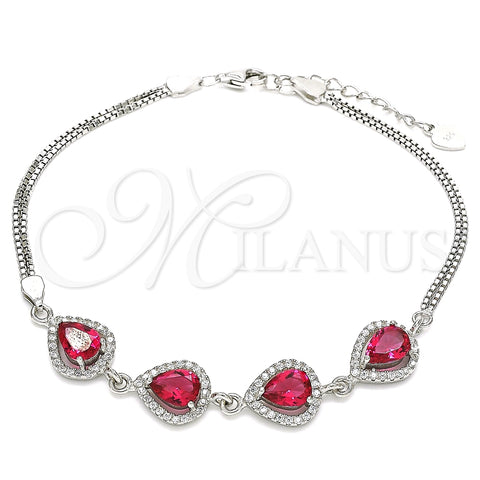 Pulsera Elegante 03.286.0018.3.07 Plata Rodinada, Diseño de Gota, con Zirconia Cubica Rubi y Cristal Blanca, Pulido, Rodinado (Grosor 02 MM, 7 Pulgadas de Largo)